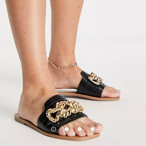 Asos Black Croc w/ gold metal flat slides - Picture 1 of 6